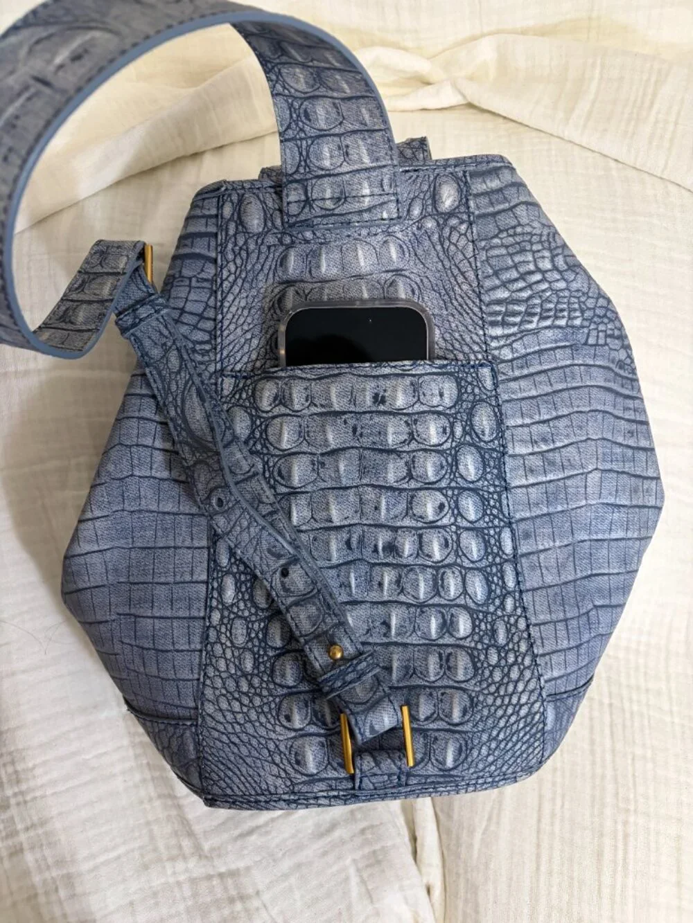 Brahmin Maddie Sling Backpack with Croc-Embossed Denim Leather Finish